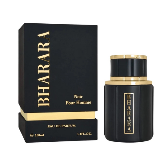 Bharara Noir Pour Homme black fluted bottle with a broad black cap and gold bands beside a black-and-gold box with vertical Bharara lettering on white.