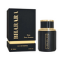 Bharara Noir Pour Homme black fluted bottle with a broad black cap and gold bands beside a black-and-gold box with vertical Bharara lettering on white.