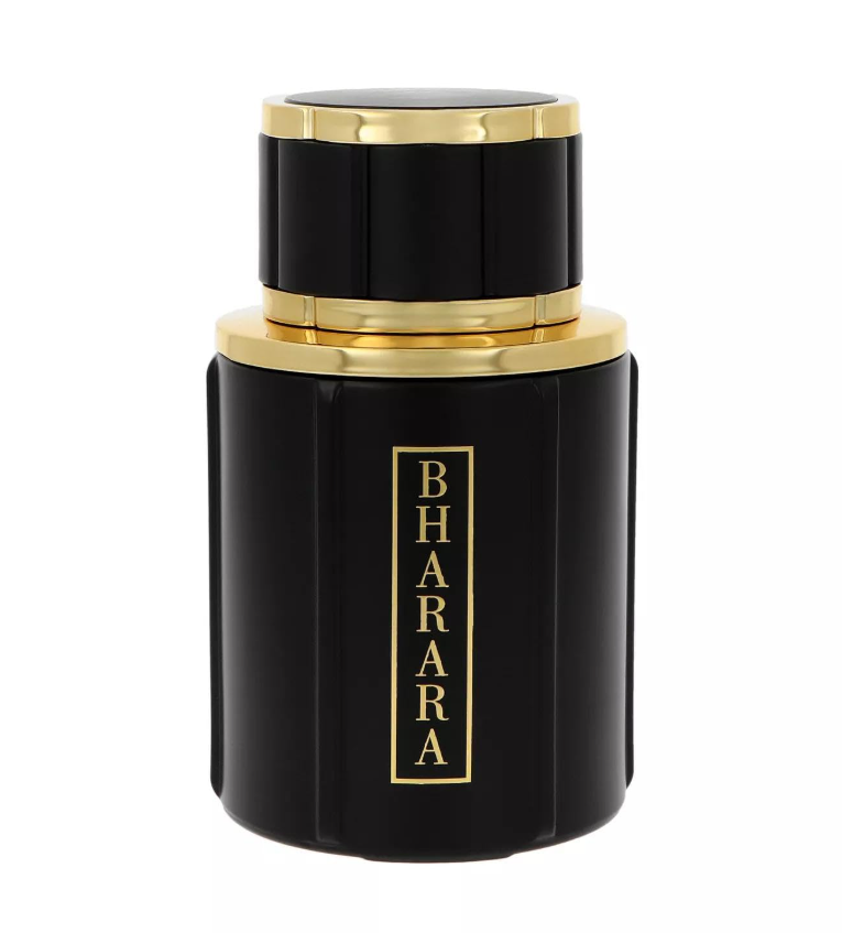 Close-up of the Bharara Noir Pour Homme black fluted bottle with a wide black cap, shiny gold trim and vertical gold Bharara label on a white background.