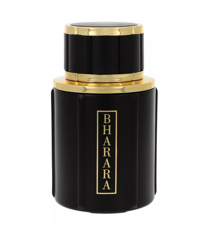 Close-up of the Bharara Noir Pour Homme black fluted bottle with a wide black cap, shiny gold trim and vertical gold Bharara label on a white background.