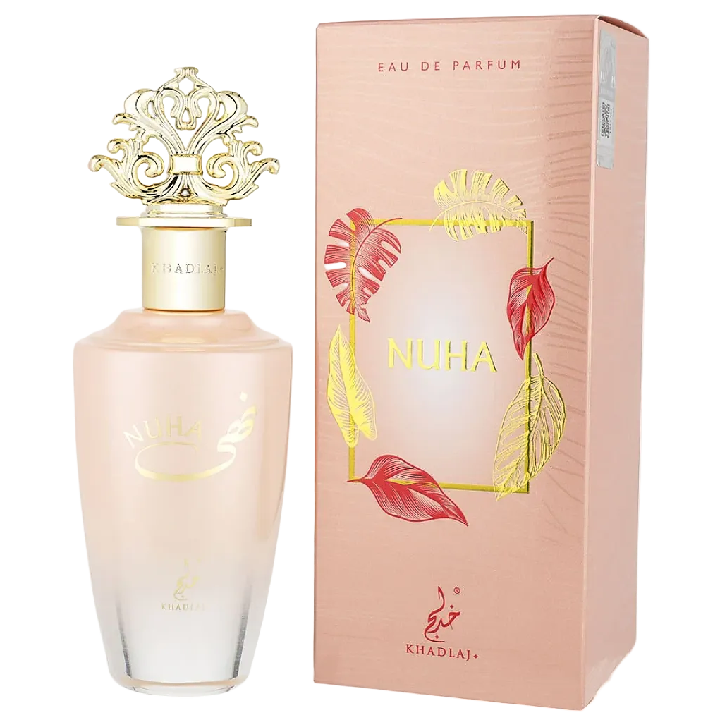 Khadlaj Nuha pale pink bottle with ornate gold cap beside its floral pink box
