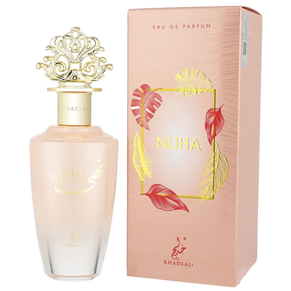 Khadlaj Nuha pale pink bottle with ornate gold cap beside its floral pink box