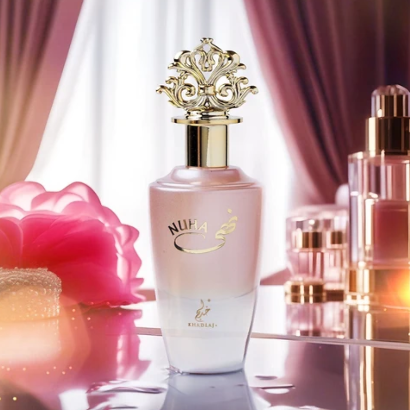 Khadlaj Nuha pink bottle on a vanity with a flower and burgundy curtains