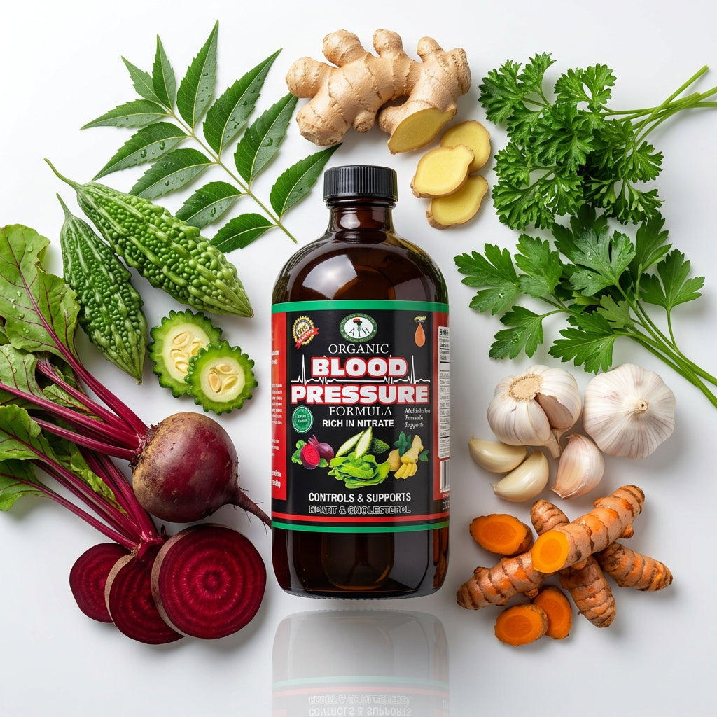 African Indian Herbs Blood Pressure Formula bottle surrounded by beetroot, garlic, ginger and leaf props