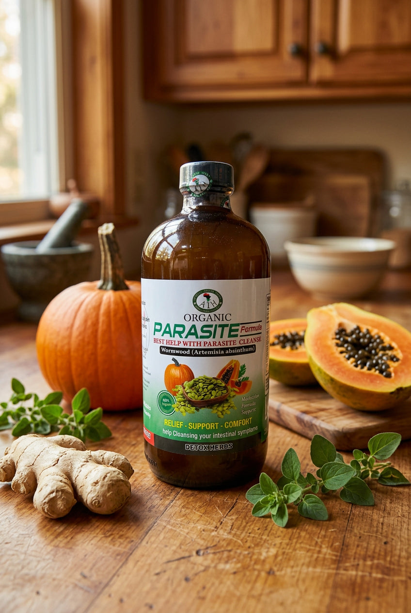 African Indian Herbs Parasite Formula bottle on a kitchen table beside fruit, roots and a wooden spoon