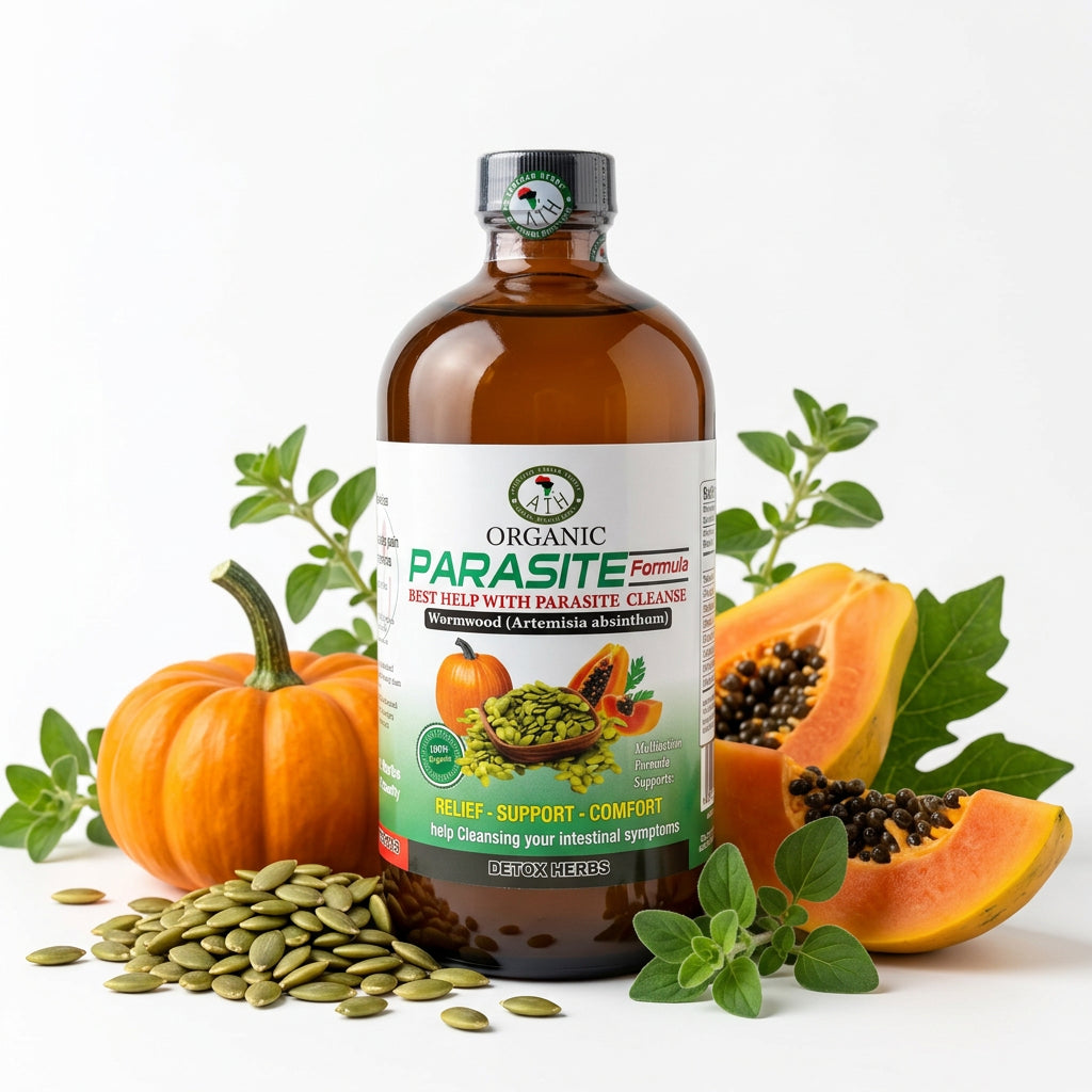 African Indian Herbs Parasite Formula bottle in a botanical arrangement with pumpkin and papaya props