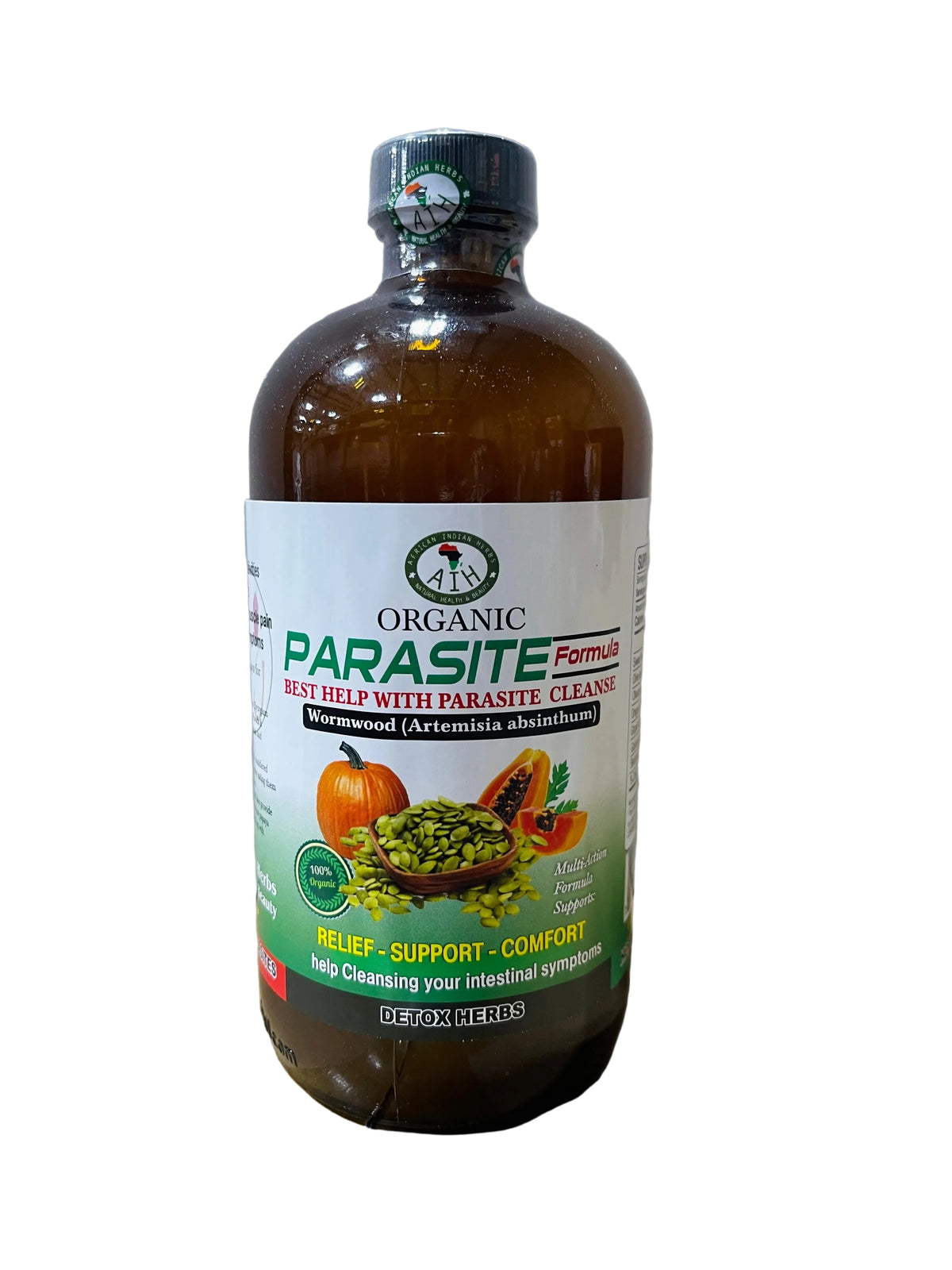 African Indian Herbs Parasite Formula bottle with white and green Parasite Formula label