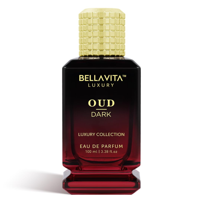 Bellavita Oud Dark bottle with a black-to-red glass gradient, gold lettering, a grid-textured gold cap and a stepped red base on white.