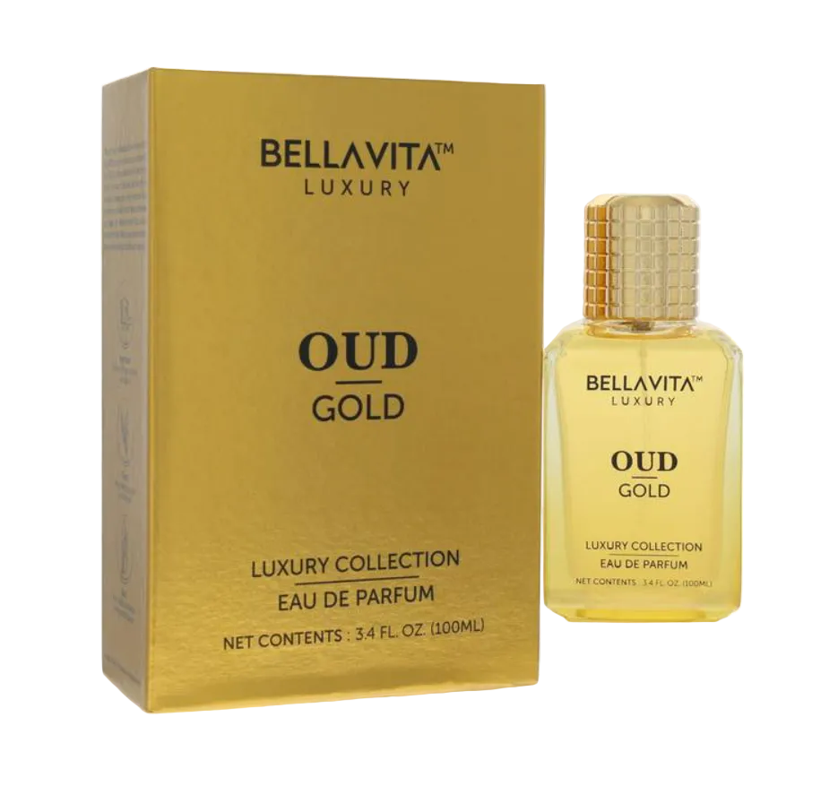 Bellavita Oud Gold perfume bottle with yellow liquid and a textured gold cap beside its gold box with black lettering on a white background.