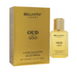Bellavita Oud Gold perfume bottle with yellow liquid and a textured gold cap beside its gold box with black lettering on a white background.