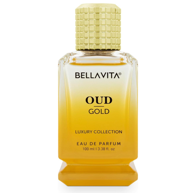 Front view of Bellavita Oud Gold in a clear bottle with yellow perfume, a stepped base, black lettering and a grid-textured gold cap on white.