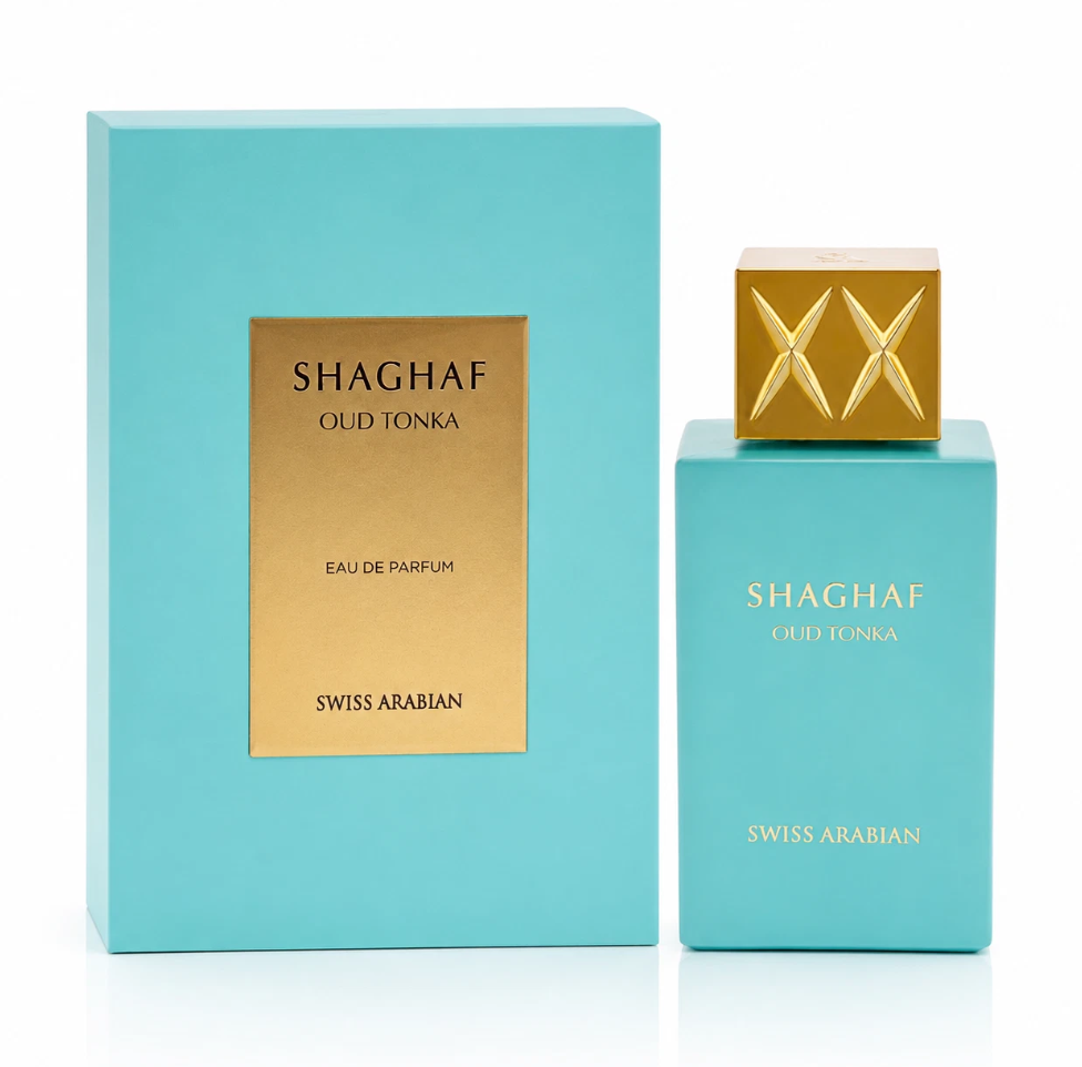 Swiss Arabian Shaghaf Oud Tonka turquoise rectangular perfume bottle with gold embossed square cap, beside its matching turquoise box with gold plaque on white.