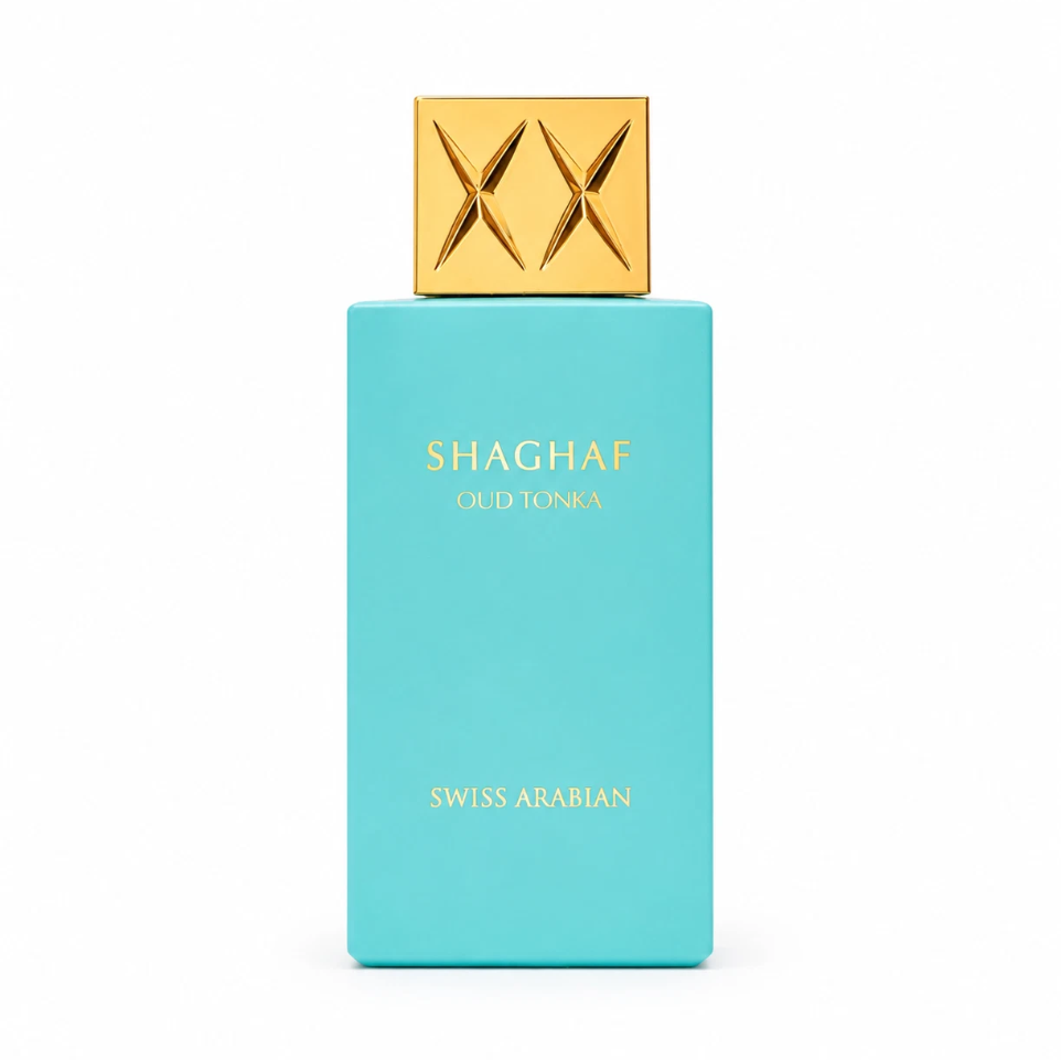 Swiss Arabian Shaghaf Oud Tonka turquoise bottle with gold lettering and square gold cap embossed with two crossed diamond motifs, isolated on white.