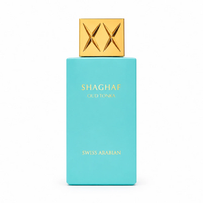 Swiss Arabian Shaghaf Oud Tonka turquoise bottle with gold lettering and square gold cap embossed with two crossed diamond motifs, isolated on white.
