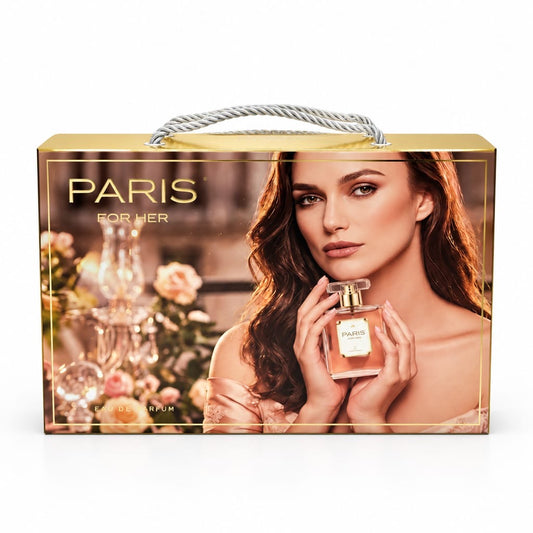 Paris For Her V21 closed gold-toned fragrance gift box