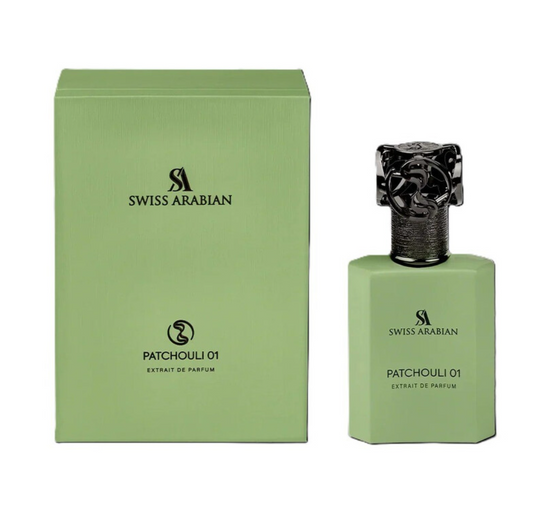 Swiss Arabian Patchouli 01 matte green perfume bottle with black openwork cap and textured neck, beside its matching green box with black lettering on white.