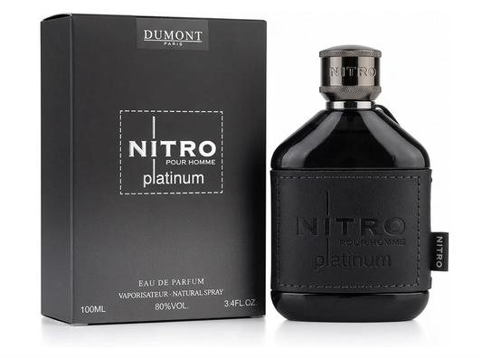 Dumont Paris Nitro Platinum black perfume bottle with stitched front panel, dark metallic cylindrical cap and side tag, beside a charcoal box on white.