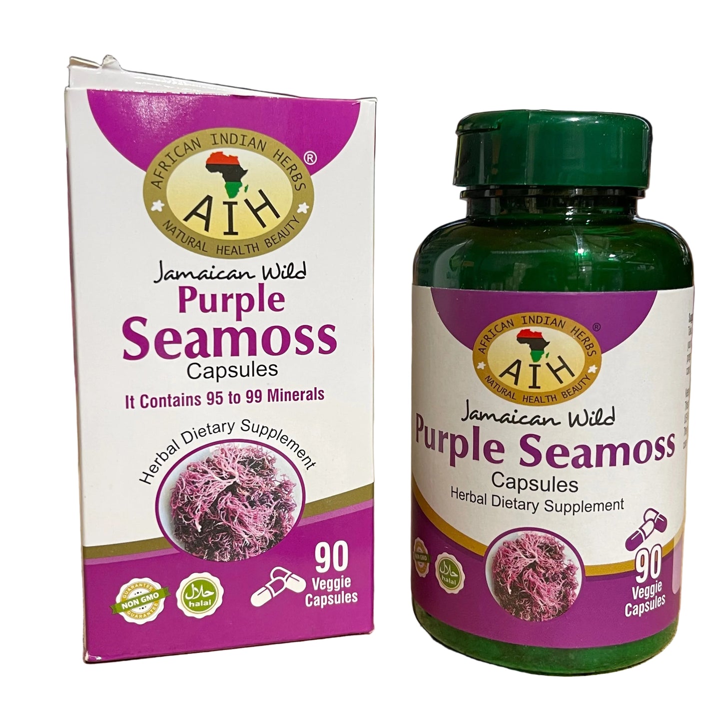 African Indian Herbs Jamaican Wild Purple Sea Moss 90ct Capsules Jar