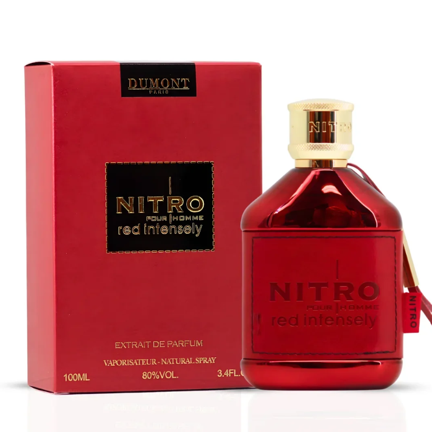 Dumont Paris Nitro Red Intensely perfume in a glossy red bottle with a gold cylindrical cap and red side tag, beside its red box with black-and-gold labels on white.