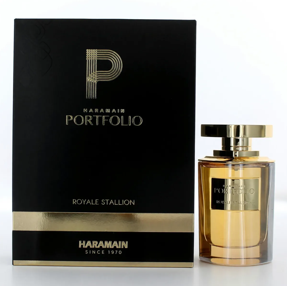 Al Haramain Portfolio Royale Stallion golden perfume bottle with a broad gold cap beside a black box with a gold P emblem and horizontal gold band on white.