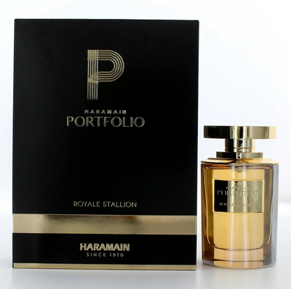 Al Haramain Portfolio Royale Stallion golden perfume bottle with a broad gold cap beside a black box with a gold P emblem and horizontal gold band on white.