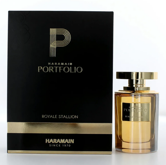 Al Haramain Portfolio Royale Stallion golden perfume bottle with a broad gold cap beside a black box with a gold P emblem and horizontal gold band on white.