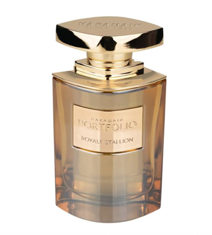 Al Haramain Portfolio Royale Stallion curved clear bottle with golden perfume, a gold front plaque and a wide polished gold cap on a white background.