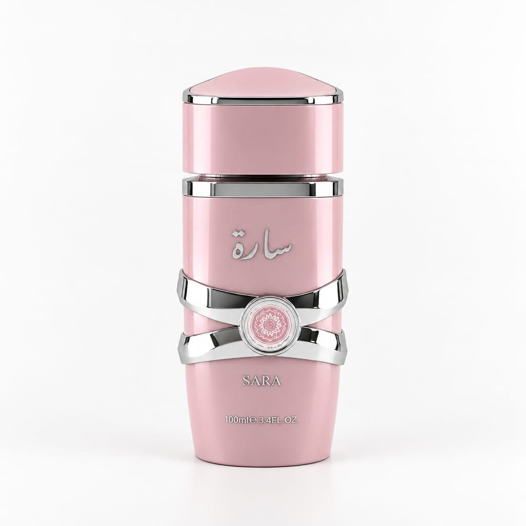 Sara V9 pink cylindrical perfume bottle with silver bands