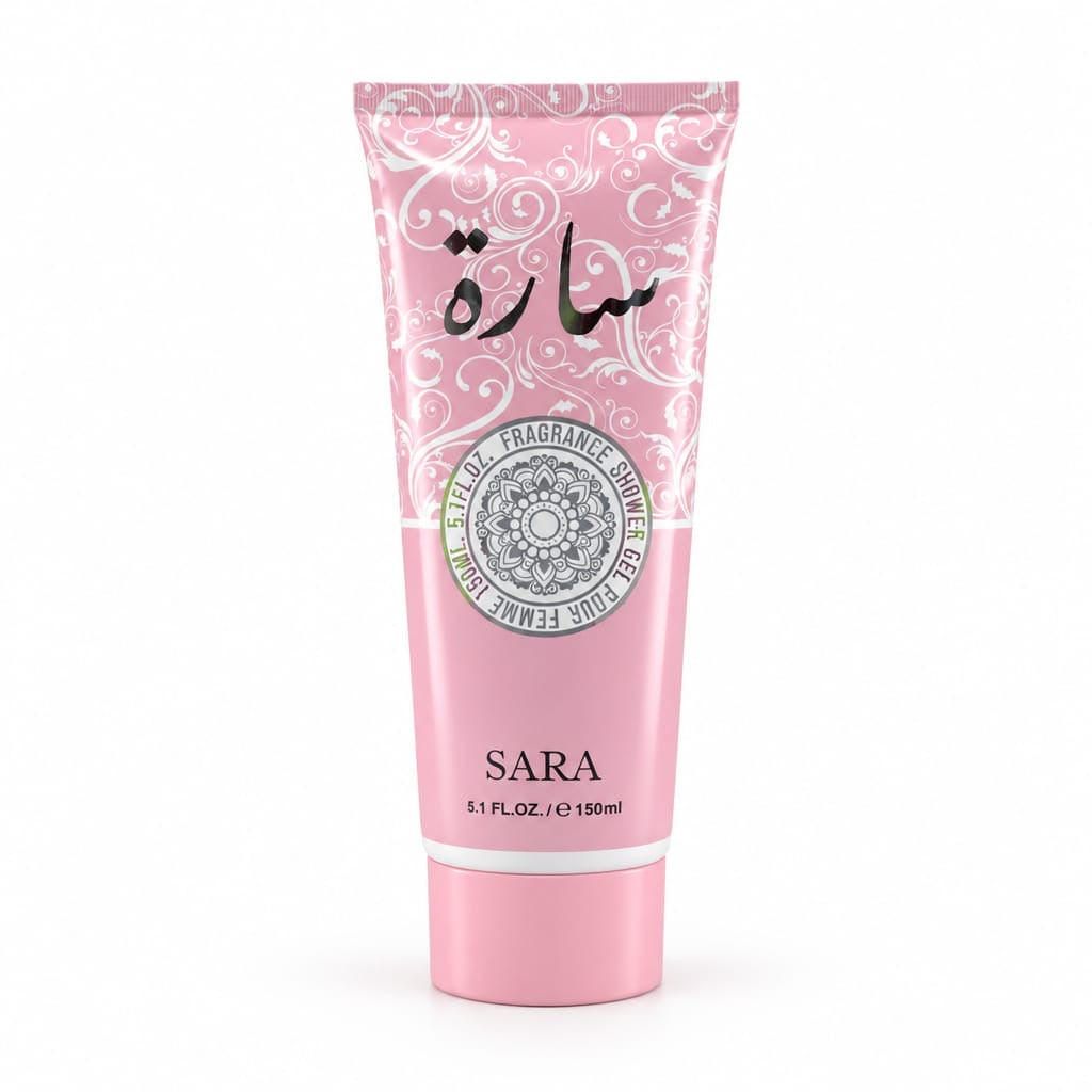 Sara V9 pink shower gel tube with decorative pattern