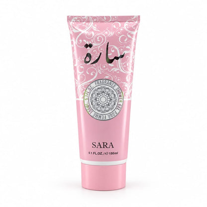Sara V9 pink shower gel tube with decorative pattern