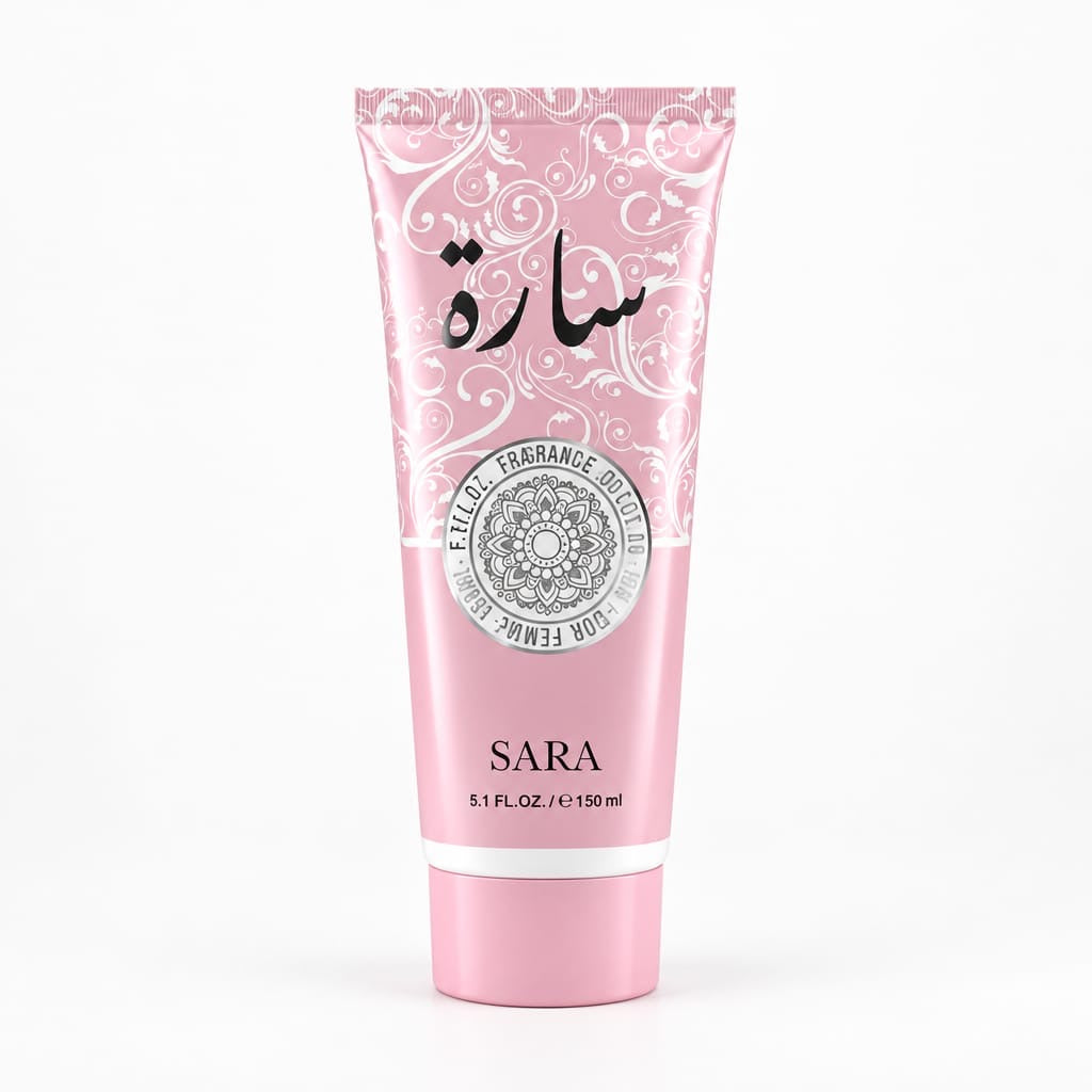 Sara V9 pink body lotion tube with decorative pattern