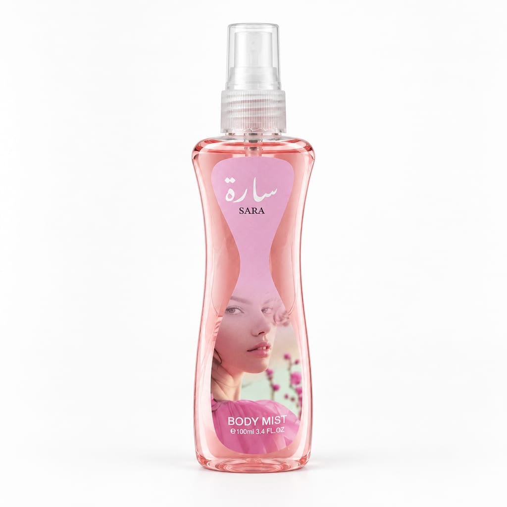 Sara V9 pink body mist bottle with a clear spray top
