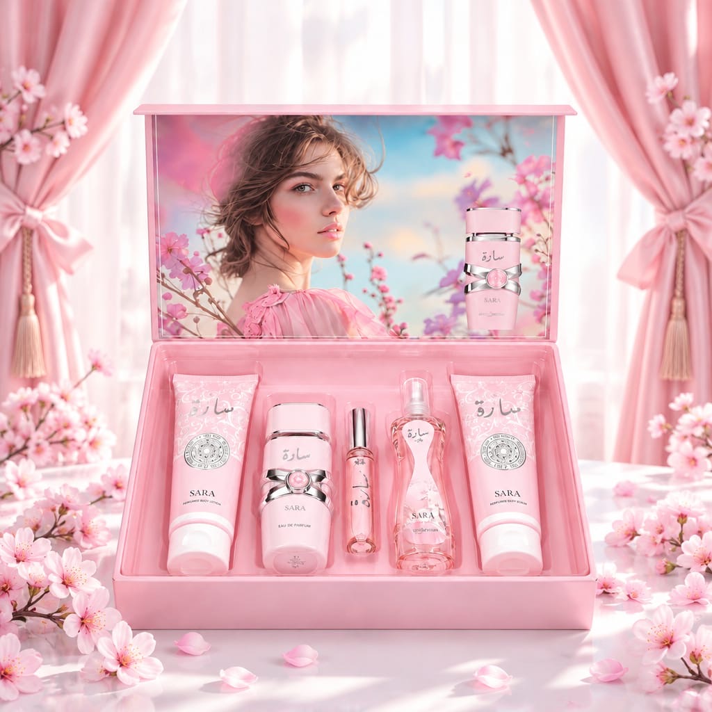 Sara V9 open pink gift box in an interior with pink curtains