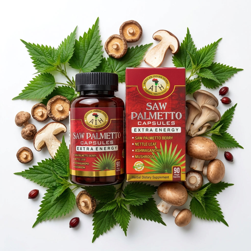 African Indian Herbs Saw Palmetto Extra Energy Capsules jar and carton surrounded by leaf and mushroom props