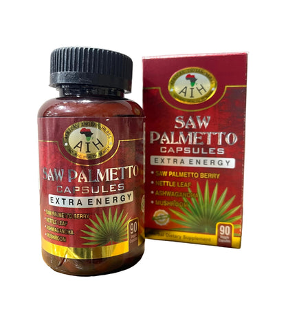 African Indian Herbs Saw Palmetto Extra Energy Capsules capsule jar beside its red carton