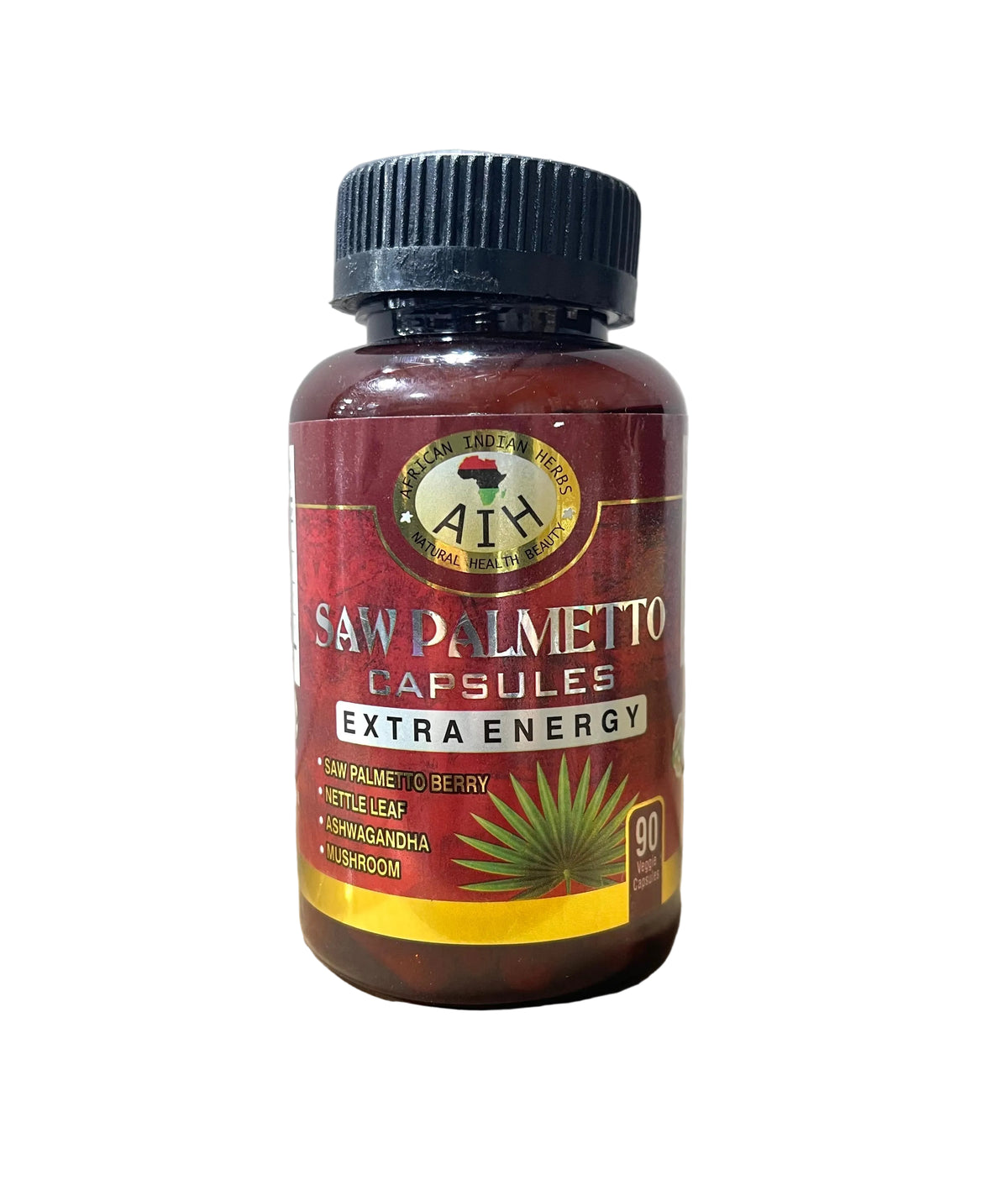 African Indian Herbs Saw Palmetto Extra Energy Capsules front view of the capsule jar with black lid