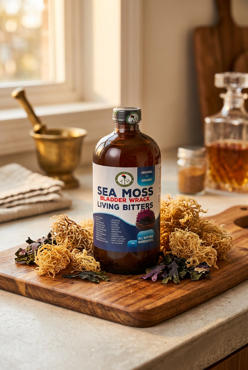 African Indian Herbs Sea Moss Bladder Wrack Living Bitter bottle on a wooden board beside seaweed and kitchen props