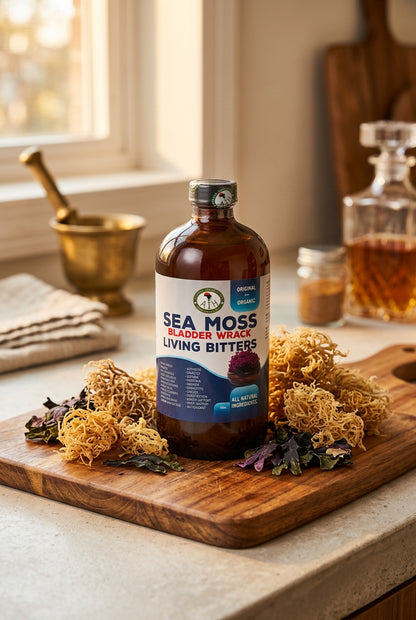 African Indian Herbs Sea Moss Bladder Wrack Living Bitter bottle on a wooden board beside seaweed and kitchen props