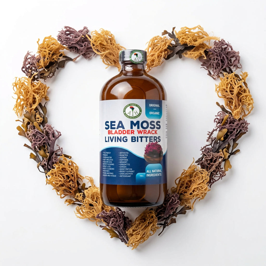 African Indian Herbs Sea Moss Bladder Wrack Living Bitter bottle inside a heart-shaped arrangement of seaweed props
