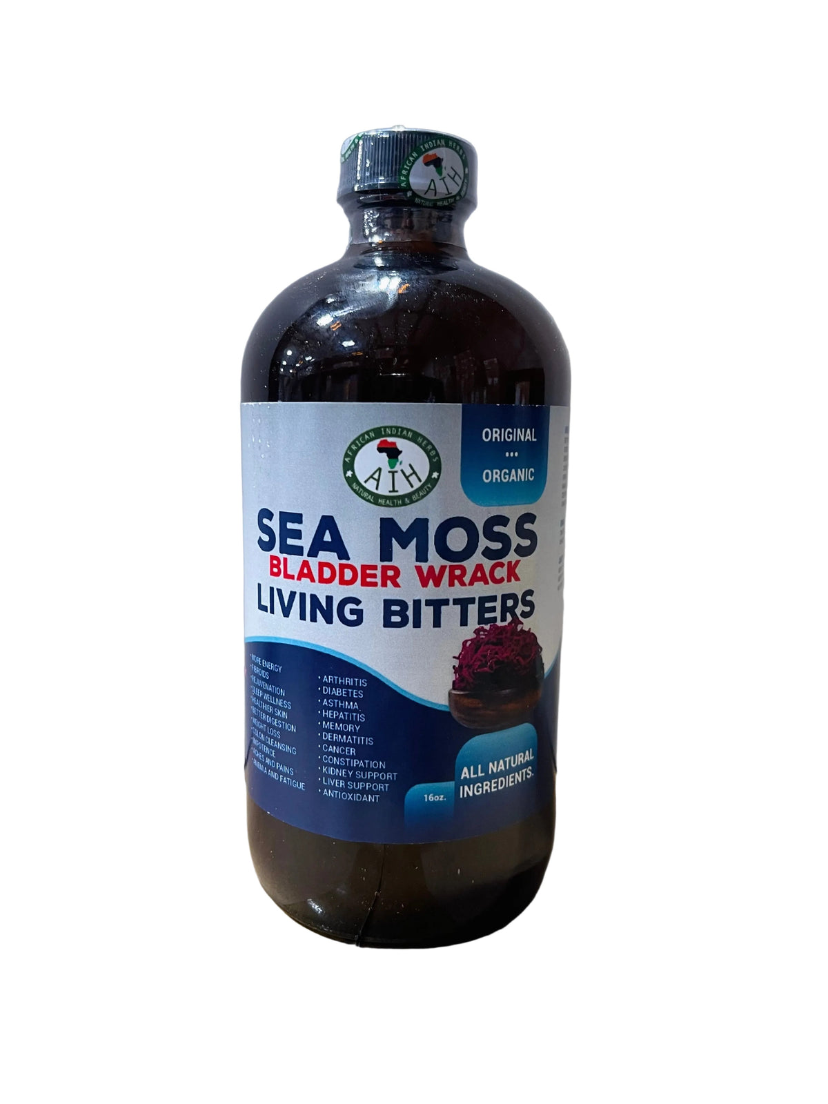 African Indian Herbs Sea Moss Bladder Wrack Living Bitter bottle with blue and white Sea Moss Bladder Wrack label