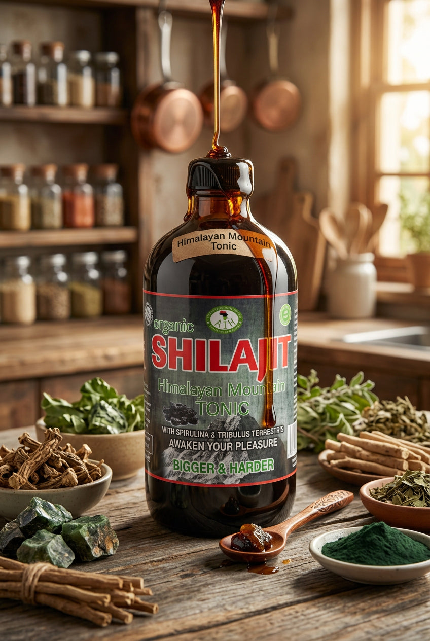 African Indian Herbs Shilajit Himalayan Mountain Tonic bottle on a kitchen table with small bowls and dried herbs