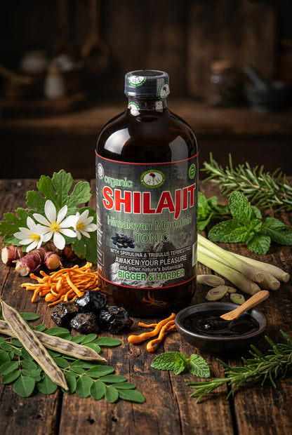 African Indian Herbs Shilajit Himalayan Mountain Tonic bottle beside roots and botanical props in a warm interior