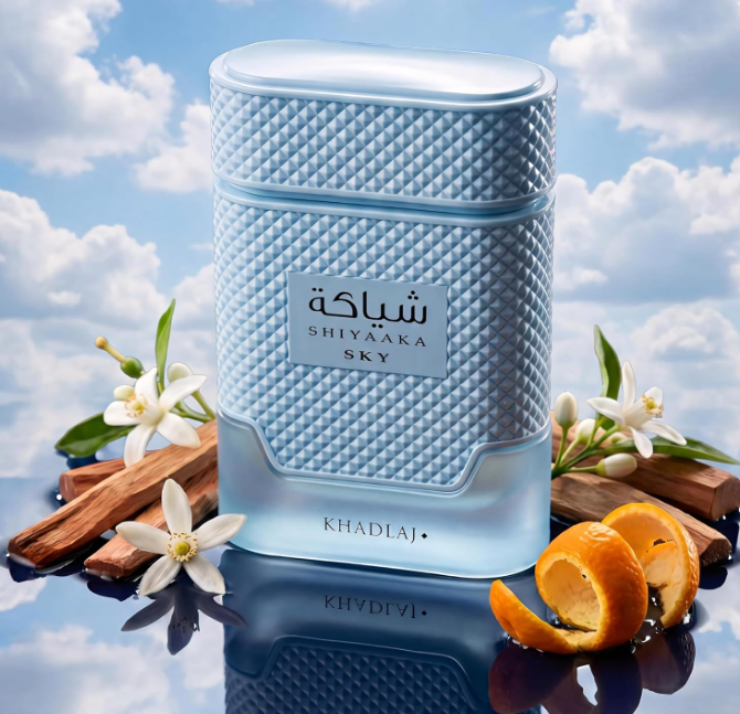 Khadlaj Shiyaaka Sky textured blue bottle on a reflective surface with white blossoms, orange peel and wood pieces, beneath a blue sky with white clouds.