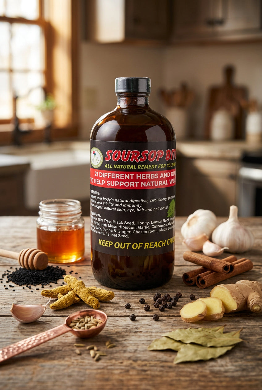 African Indian Herbs Black Bottle Soursop bottle on a kitchen table with honey and botanical props