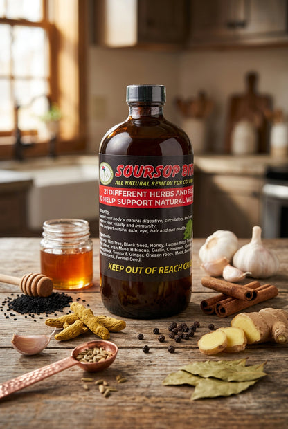African Indian Herbs Black Bottle Soursop bottle on a kitchen table with honey and botanical props