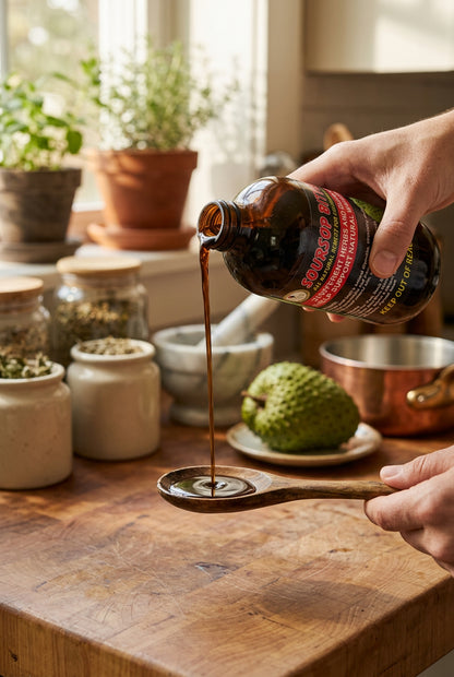 African Indian Herbs Black Bottle Soursop soursop liquid being poured onto a spoon in a kitchen