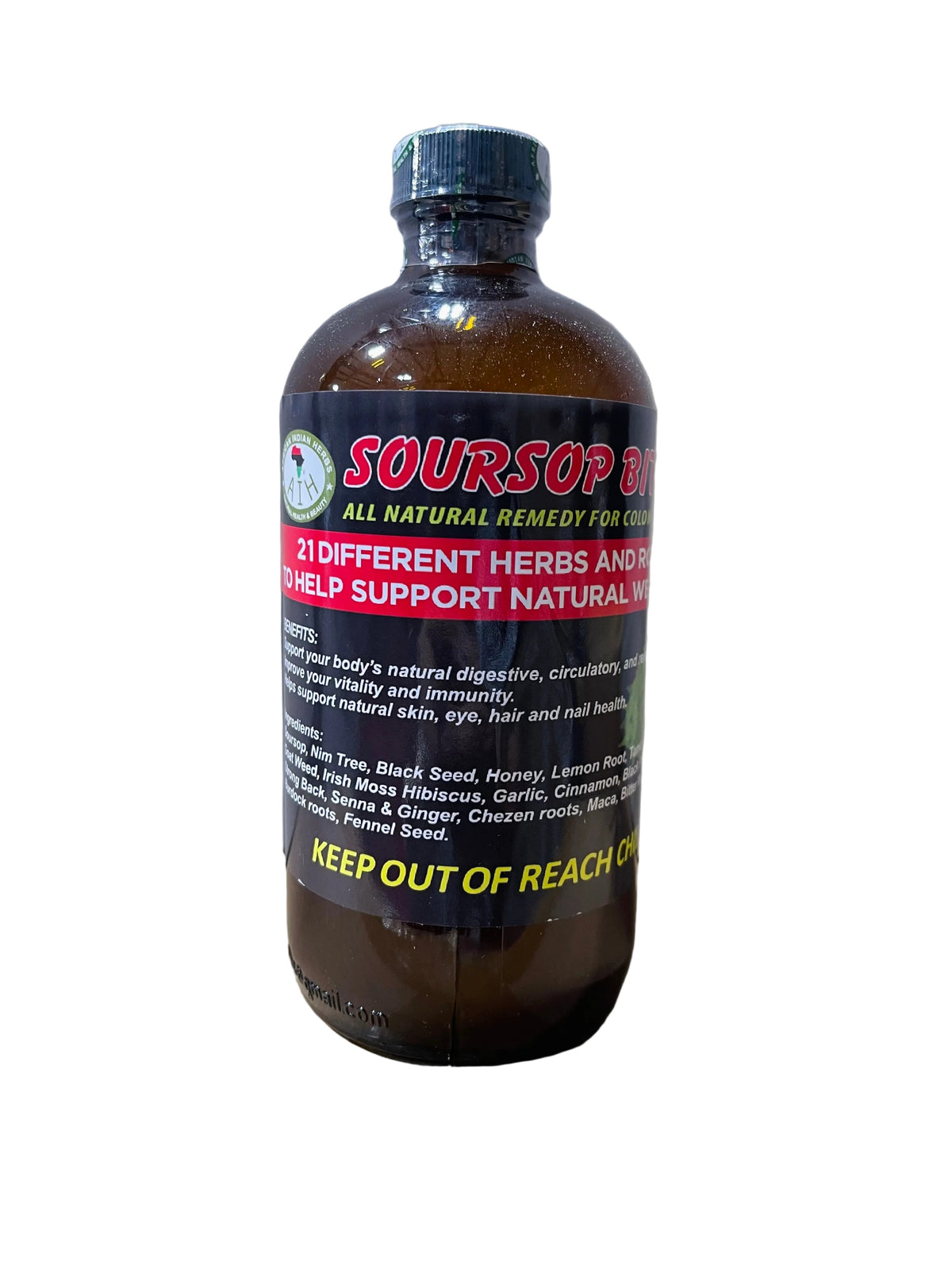 African Indian Herbs Black Bottle Soursop dark bottle with red Soursop label