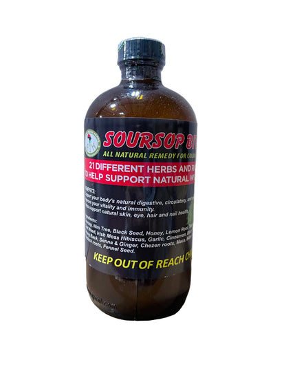 African Indian Herbs Black Bottle Soursop dark bottle with red Soursop label
