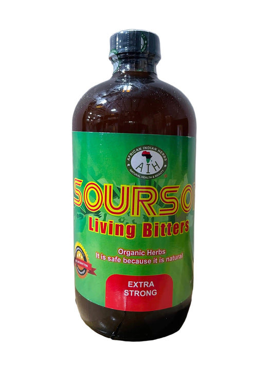 African Indian Herbs Extra Strong Soursop Living Bitter bottle with green and red Soursop Living Bitter label