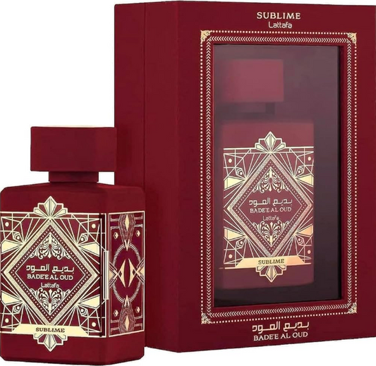 Bottle of Bade'e Al Oud Sublime Eau de Parfum featuring a luxurious dark glass design w/ gold accents &elegant packaging.